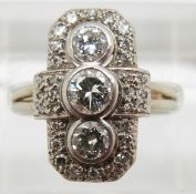 Art Deco 18ct white gold ring set with three diamonds of approximately 0.3ct, 0.18ct and 0.18ct