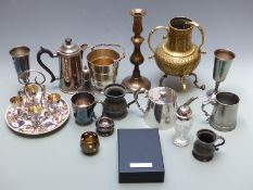 Silver plated ware including an egg cruet on ceramic base, ice bucket, Walker and Hall, brass