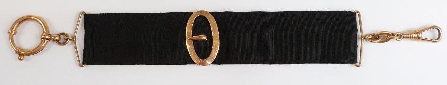 Victorian black silk braid leontine with gilt fittings, 22cm long