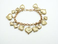 A 9ct gold bracelet set with gold plated heart charms, and a 9ct gold bracelet, 11.5g all in