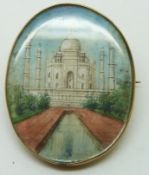 9ct gold brooch set with an Indian painted miniature on ivory depicting the Taj Mahal, 3.3 x 2.2cm