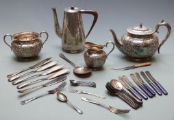 Arts and Crafts hammered tea pot marked JHG, plated three piece teaset and a quantity of plated