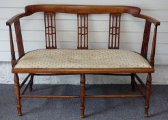 Edwardian upholstered salon sofa with pierced back supports, length 111cm