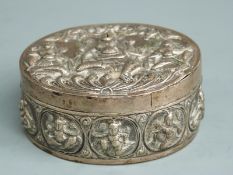 A white metal Thai / Nepalese lidded pot with embossed deities, width 9cm, weight 93g