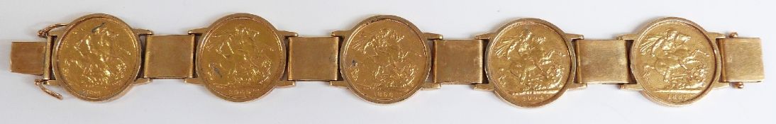 An 18ct gold bracelet set with five gold full sovereigns 1890, 1905, 1896, 1904 & 1887, 71.8g