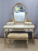 French dressing table with carved and gilded decoration H75 x W129 x D62cm and stool