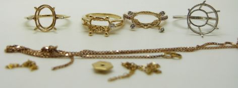 Three 9ct gold ring mounts, a white metal mount and a 9ct gold chain, 11.8g