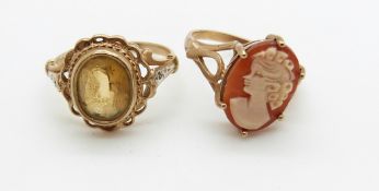 Two 9ct gold rings, one set with a cameo and the other a citrine, 6g
