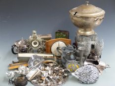 Plated ware including tea set, cased cutlery, pewter, novelty items, tools, clocks etc