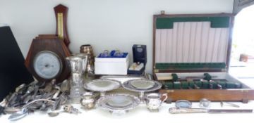 Quantity of silver plated ware including WMF vase, loose and boxed cutlery, barometers etc