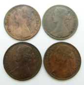 Victorian young head bronze pennies comprising two 1863 examples both VF, an 1865 EF example and