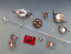 Silver plated tea set, egg cruet, pedestal salts, hallmarked silver napkin ring, glass yard of ale