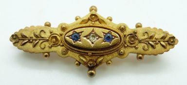 Edwardian 15ct gold brooch set with a diamond and sapphires with sphere and foliate design,