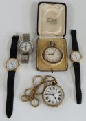 Five gentleman's wrist and pocket watches comprising Superior Railway Timekeeper, Limit, Margi, Time