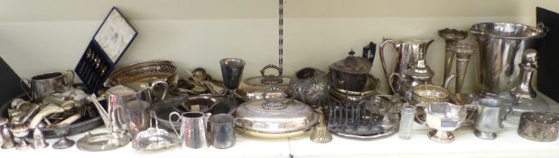Silver plated ware including Art Deco pedestal dish, food servers, trays, tea ware, sardine dish,