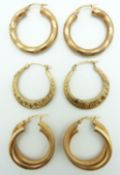 Three pairs of 9ct gold hoop earrings, 7.4g