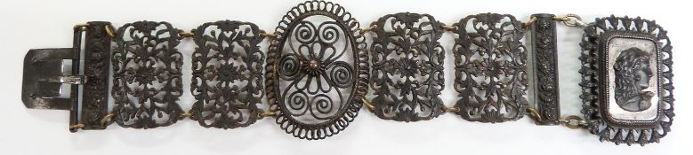 Berlin Ironwork bracelet made up of pierced and filigree panels with a polished cut steel cameo