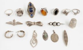 A collection of silver jewellery including rings, pendants, RAF sweetheart brooch and a plated
