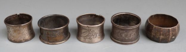 Three hallmarked silver napkin rings and two German white metal napkin rings marked 800, weight 98g