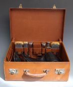 Mappin & Webb George VII leather cased gentleman's travelling set comprising three hallmarked silver