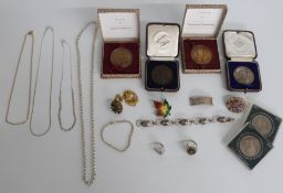A collection of silver jewellery, silver and enamel maple leaf brooch, costume jewellery, coins,