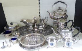 SIlver plated ware including oval galleried tray, length 38cm, spirit kettle on stand, teaware etc,