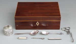 Two hallmarked silver spoons, continental white metal napkin ring, two folding penknifes and a