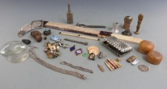 Collectables including a folding ruler, revolving seal, Albert white metal pencil, Georgian duty