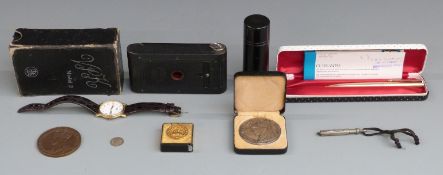 A collection of items including boxed Parker propelling pencil with instructions, ebony container,