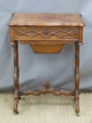 19thC walnut workbox, the lid opening to reveal fitted interior and mirror with slide out tray