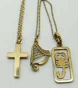 A 9ct gold pendant on a 9ct gold chain and a 9ct gold cross pendant on a 9ct gold chain, 7.2g