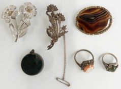 Silver rings, hardstone fob, agate brooch and two floral brooches one being hallmarked silver set