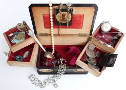 A collection of costume jewellery including silver spoon, silver pendant set with a miniature,