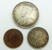 Cyprus George V silver 18 piastres 1921 GF+ together with a 9 piastres example GF and a 1/4 piastres