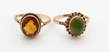 A 9ct gold ring set with citrine and a 9ct gold ring set with a jade cabochon, 3.9g