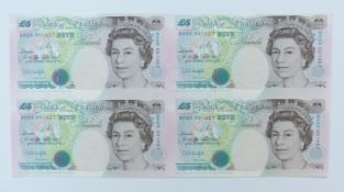 Bank of England uncut sheet of four Kentfield £5 notes, BH25-BH26, and BH33-BH34