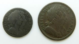 William and Mary 1694 copper halfpenny GF - VF, together with a farthing of the same year  NF