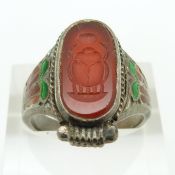 Egyptian Revival silver ring set with enamel and an agate intaglio carved as a scarab beetle,