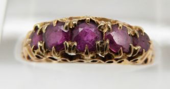 Victorian 15ct gold ring set with five graduated rubies, Birmingham 1866, 1.7g, size M