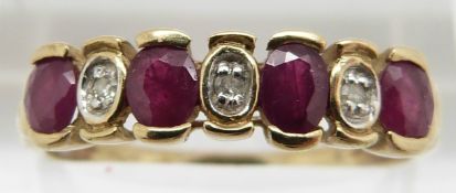 A 9ct gold ring set with alternating rubies and diamonds, 2g, size S