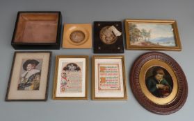 Collection of pictures, miniature frames, 19thC glass case, stevengraph or similar silks etc,