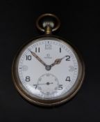 Omega keyless winding open faced military pocket watch with inset subsidiary seconds dial, blued
