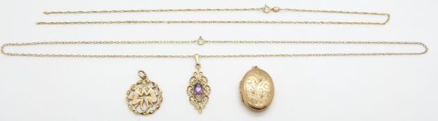 A 9ct gold locket, 9ct gold pendants and chains, 8.2g