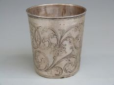 18th century Danish white metal beaker with engraved scrolling decoration, with Danish silver