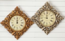 Two Newgate wall clocks with scrolling gilt frames and 30cm dials