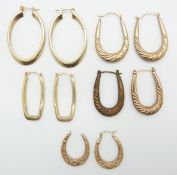 Five pairs of 9ct gold hoop earrings, 11g