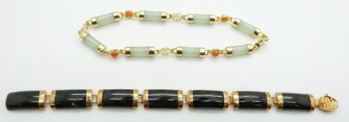 Chinese 14k gold bracelet set with sections of jadeite and another 14k gold bracelet set with
