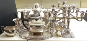 Quantity of silver plated ware including five branch candelabra, a matching pair of three branch