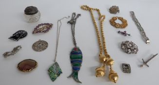 A silver brooch by Robert Allinson, a filigree pendant and bracelet, agate brooch, Victorian buckle,