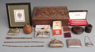 A collection of items including cased Parker pen set, cased Ronson lighter, bakelite items, silver